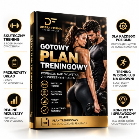 Gotowy plan treningowy PDF – Dobra Forma Studio Online. Zestaw ćwiczeń z rozpisanymi seriami i powtórzeniami, przeznaczony do samodzielnego treningu. Kopiuj